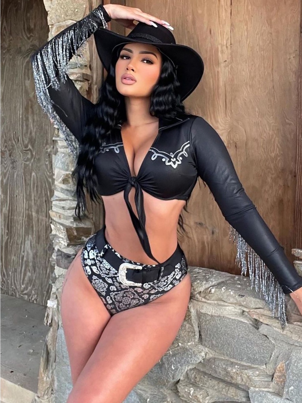 Fashion Nova Black Long-Sleeve Tie-Front Bikini Set with Silver Paisley